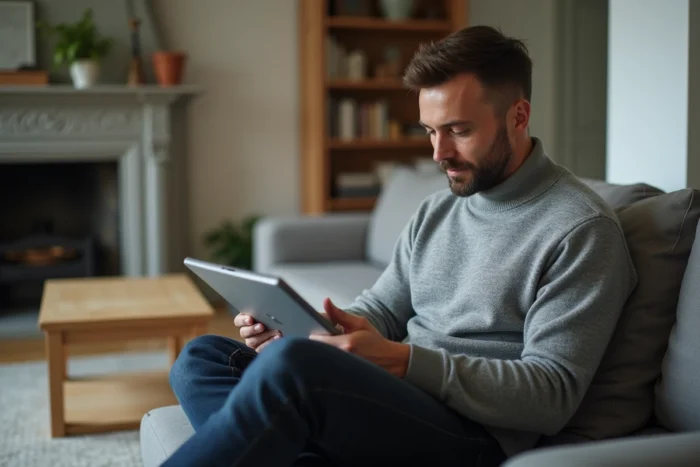 Homme consultant son espace client Securitas sur une tablette depuis son domicile