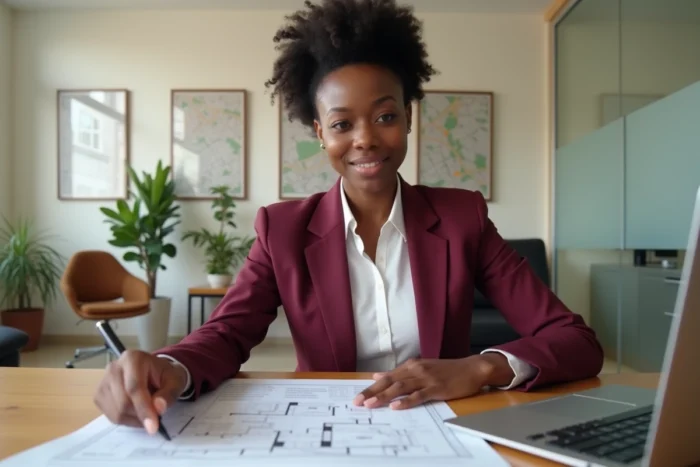 Agente immobilière sénégalaise travaillant sur des documents de propriété dans un bureau moderne