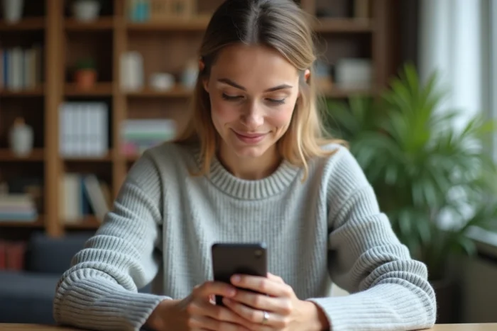 Femme utilisant son smartphone pour ajouter un bénéficiaire sur l'application bancaire Société Générale