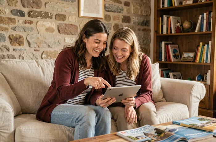 Deux amies regardant ensemble une tablette pour envoyer une carte postale en ligne depuis leur salon