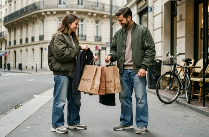 Deux amis comparant des vêtements urban fashion achetés sur Vinted sur un trottoir parisien avec des tenues inspirées des séries populaires
