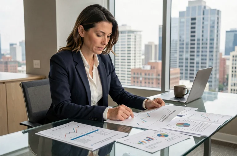 Femme professionnelle analysant des dossiers financiers et des graphiques économiques dans un bureau moderne en ville