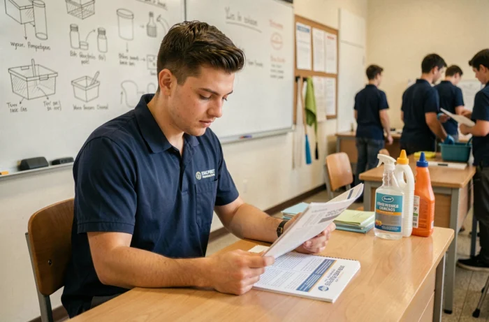 Apprenant en formation nettoyage étudiant un manuel d'hygiène et de propreté en salle de cours