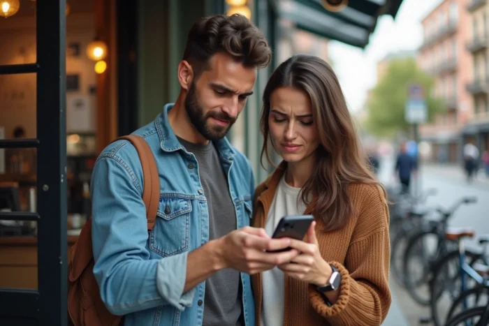 Deux personnes inquiètes consultant une alerte d'authentification à deux facteurs sur smartphone devant un café urbain
