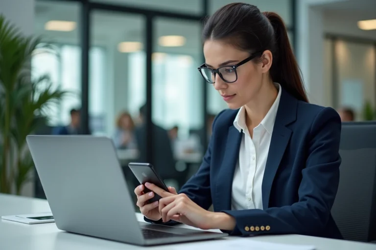 Femme en blazer marine authentifiant son accès sur un portail académique depuis un ordinateur portable et un smartphone dans un bureau moderne