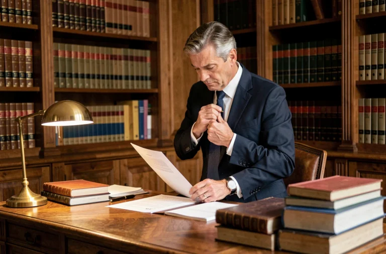 Avocat français en costume marine consultant des documents juridiques dans un cabinet parisien traditionnel