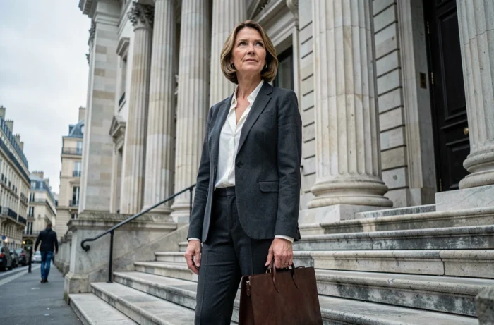 Femme avocate devant un palais de justice néoclassique parisien tenant une mallette professionnelle