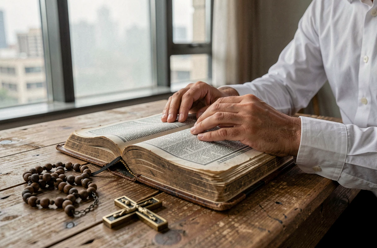 Bible antique ouverte avec une croix éthiopienne en laiton et un chapelet sur une table en bois, symbolisant la foi et la spiritualité