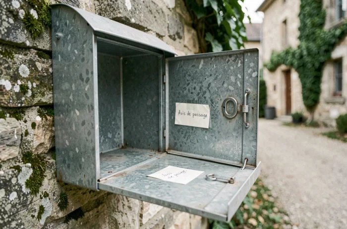 Boîte aux lettres vide avec avis de passage collé, absence de livraison du magazine Télé Z