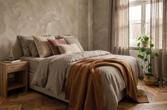 Chambre cocooning avec literie en lin gris, plaid caramel et décoration naturelle pour une atmosphère hivernale apaisante