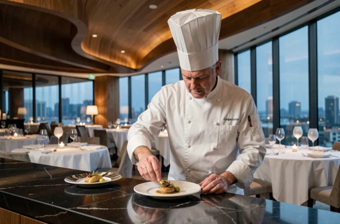 Chef étoilé finalisant un plat gastronomique dans le restaurant d'un hôtel six étoiles au design contemporain et raffiné