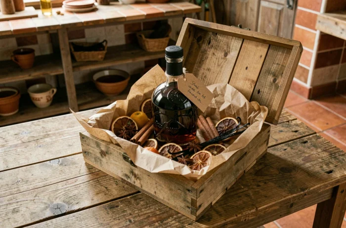 Coffret cadeau de rhum arrangé dans une caisse en bois rustique avec épices et fruits secs sur une table en bois