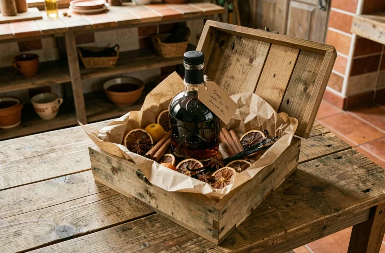 Coffret cadeau de rhum arrangé dans une caisse en bois rustique avec épices et fruits secs sur une table en bois