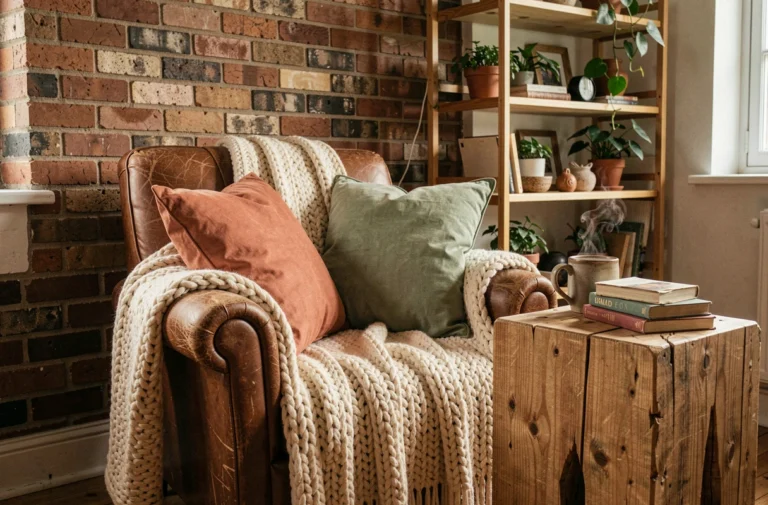 Coin salon chaleureux avec fauteuil en cuir, plaid tricoté crème et accessoires décoratifs en terre cuite pour un intérieur cocon