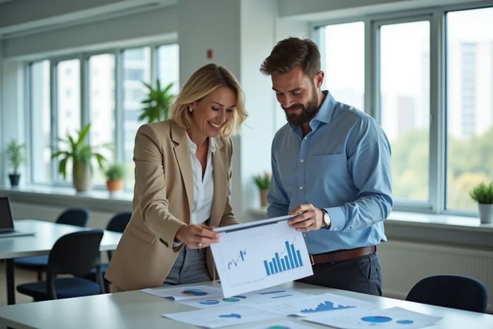 Deux professionnels collaborant sur une stratégie de développement de business en ligne dans un bureau moderne