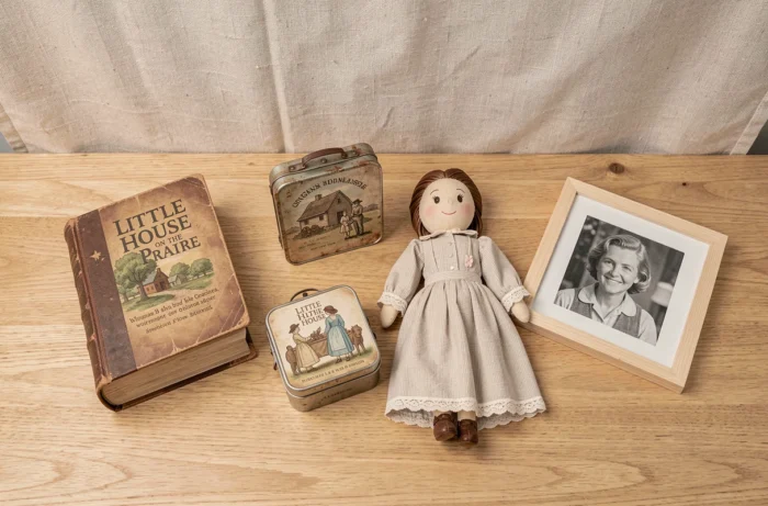Collection de produits dérivés de La Petite Maison dans la Prairie incluant livres vintage, boîte à lunch et poupée en tissu disposés sur une table en bois