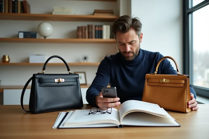 Expert comparant deux sacs Hermès Kelly en cuir lors d'une authentification à domicile