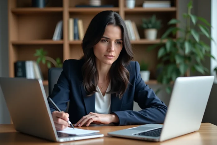 Femme comparant les tarifs de prestataires de visites virtuelles immobilières sur deux ordinateurs portables