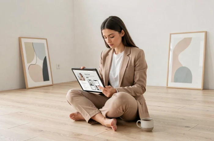 Jeune femme créative travaillant sur la conception responsive d'un site web professionnel sur tablette dans un studio épuré