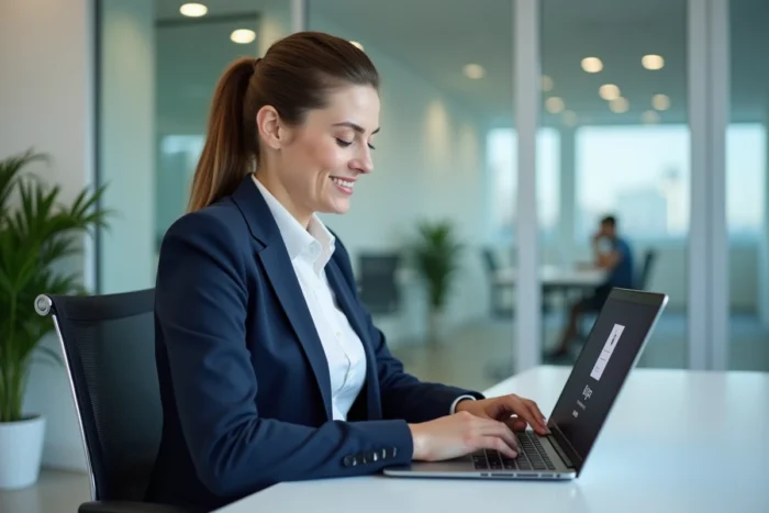 Femme professionnelle se connectant à son espace Securitas en ligne depuis un bureau moderne