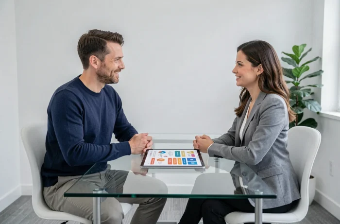 Un homme discutant avec une conseillère pour choisir une mutuelle santé responsable en agence