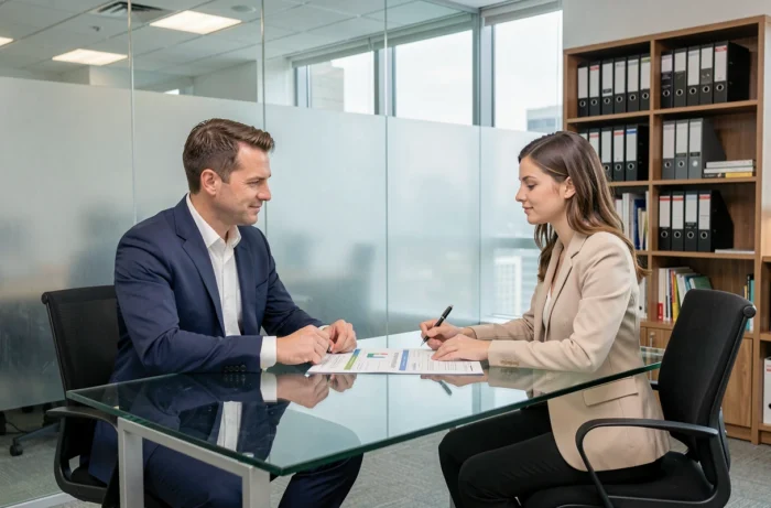 Conseiller bancaire présentant des options de prêt immobilier à une cliente en agence