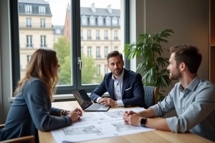 Conseiller immobilier accompagnant un couple lors d'une consultation personnalisée pour l'achat d'un appartement à Lyon