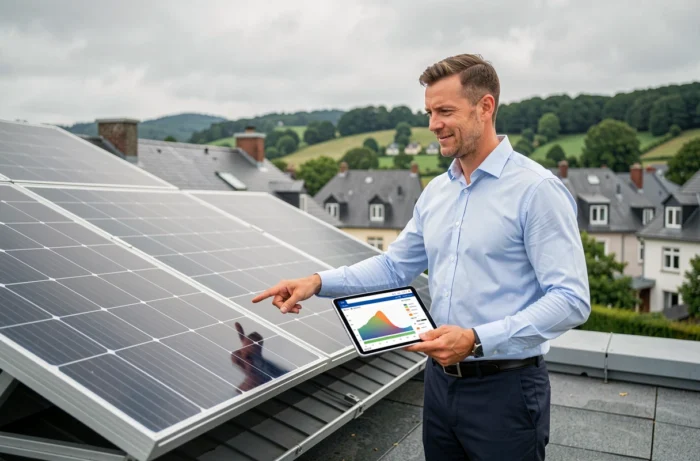Conseiller en énergie présentant des panneaux solaires sur un toit résidentiel au Luxembourg