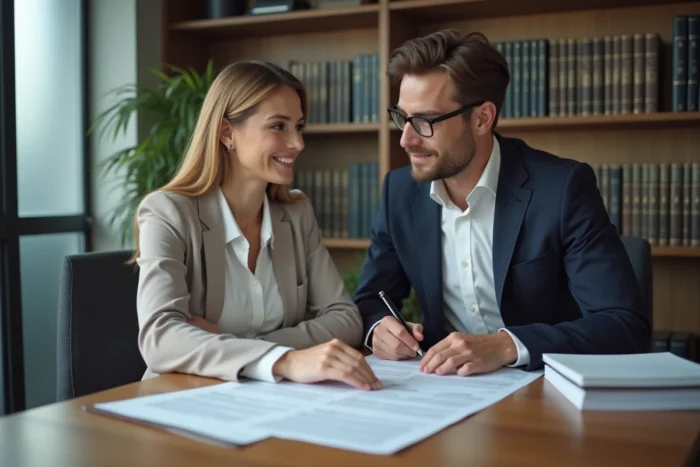 Conseillère en assurance expliquant les garanties de responsabilité civile professionnelle à un chef d'entreprise