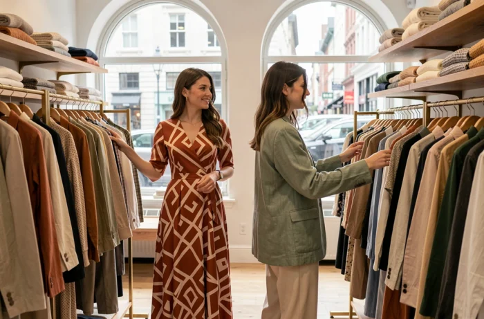 Deux femmes tendance faisant du shopping dans une boutique de mode chic, illustrant les conseils de style et les incontournables de la mode contemporaine