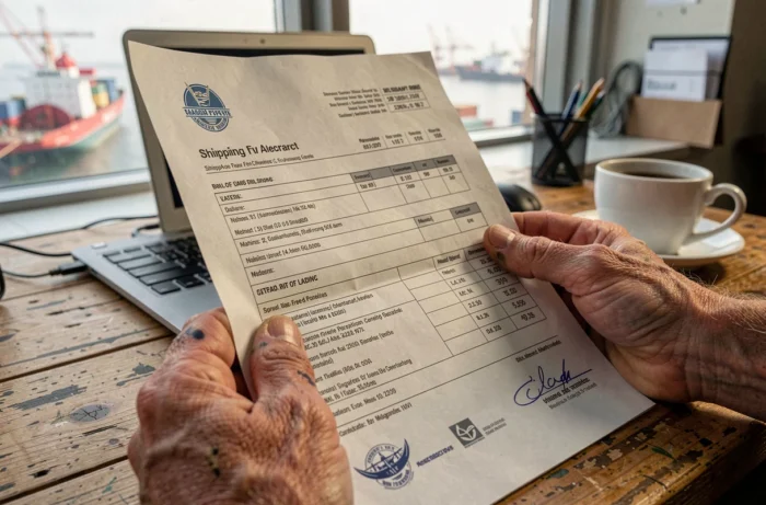 Mains tenant un contrat de transport maritime et un connaissement dans un bureau d'agence de fret portuaire