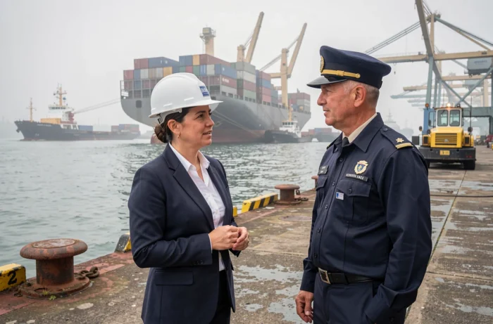 Coordinatrice fret maritime en discussion avec un agent portuaire sur le quai de chargement