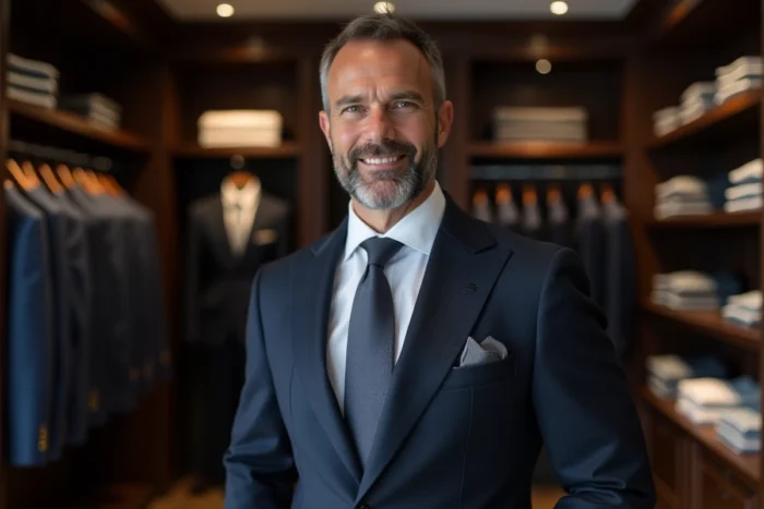 Costume structuré Fursac en laine marine à fines rayures craie, porté dans une boutique de prêt-à-porter haut de gamme à Lyon