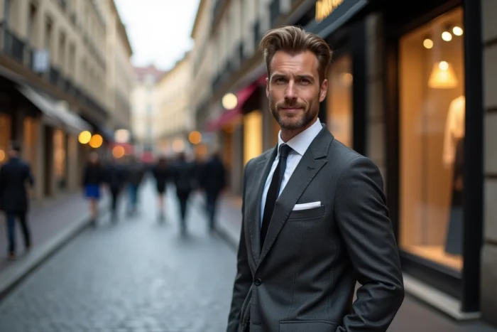 Homme en costume élégant dans une rue lyonnaise, illustrant les meilleures marques de costumes homme à Lyon