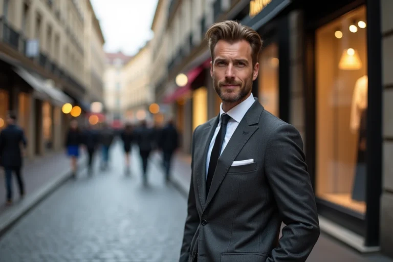 Homme en costume élégant dans une rue lyonnaise, illustrant les meilleures marques de costumes homme à Lyon