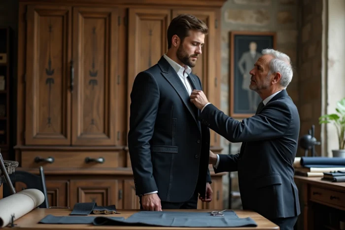 Essayage d'un costume sur mesure à l'atelier Samson près de Lyon Bellecour, avec un tailleur ajustant la veste sur un client