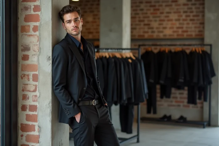 Costume moderne slim The Kooples noir porté de façon décontractée dans un concept store contemporain à Lyon