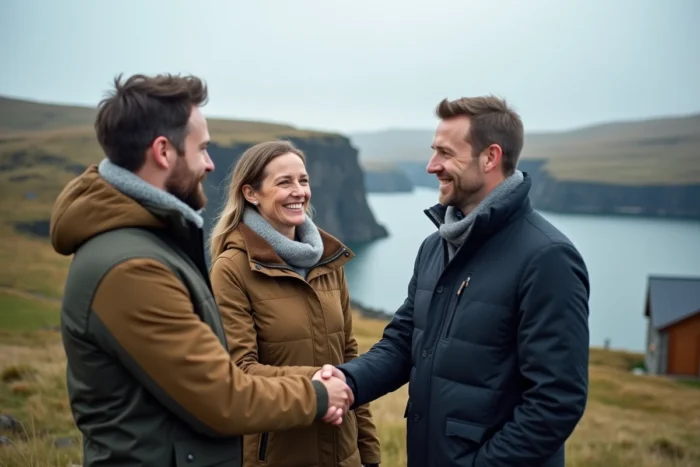 Couple étranger signant un accord avec un agent immobilier féroïen devant un fjord