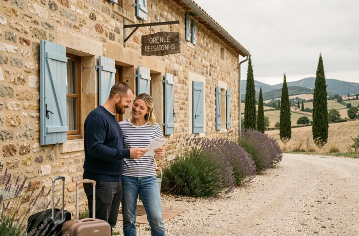 Couple arrivant dans un gîte provençal en France avec leurs bagages et confirmation de réservation
