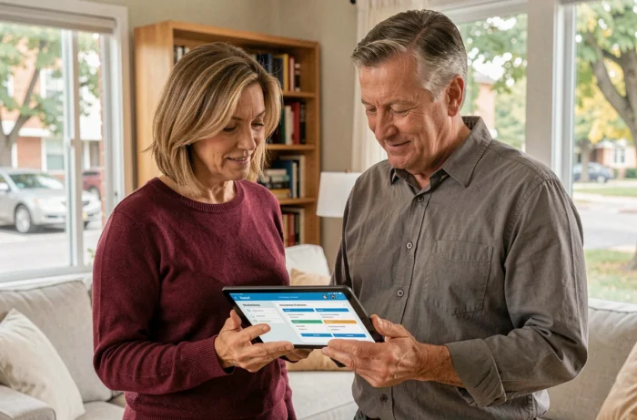 Couple consultan une application pour choisir ensemble une complémentaire santé responsable