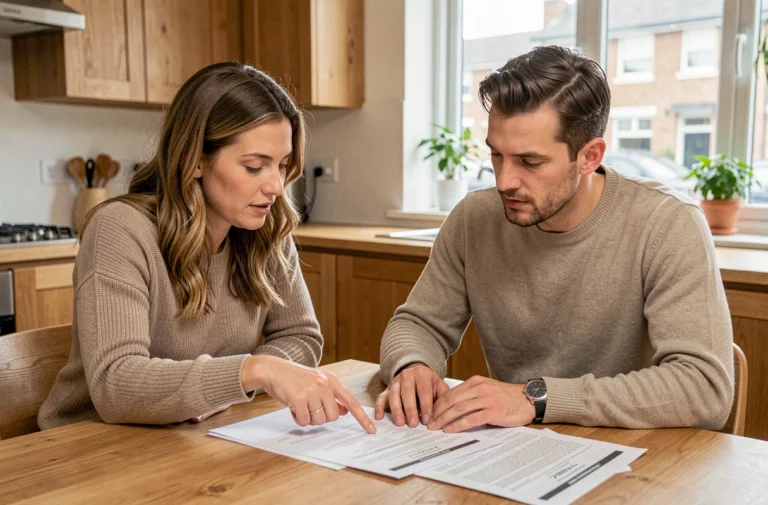 Couple étudiant des documents de crédit immobilier à table dans une cuisine moderne