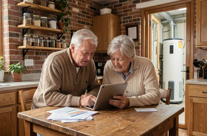 Couple en cuisine examinant leurs factures d'énergie et comparant des solutions de chauffage économique sur une tablette