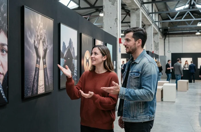 Couple discutant devant des impressions d'art numérique contemporain dans une galerie éphémère en entrepôt