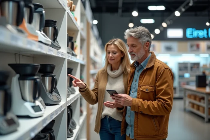 Couple en magasin évaluant les prix et les offres Thermomix 2026 devant un rayon d'appareils électroménagers