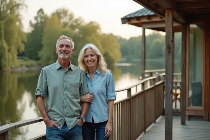 Couple devant une maison à vendre au bord d'un lac en Île-de-France