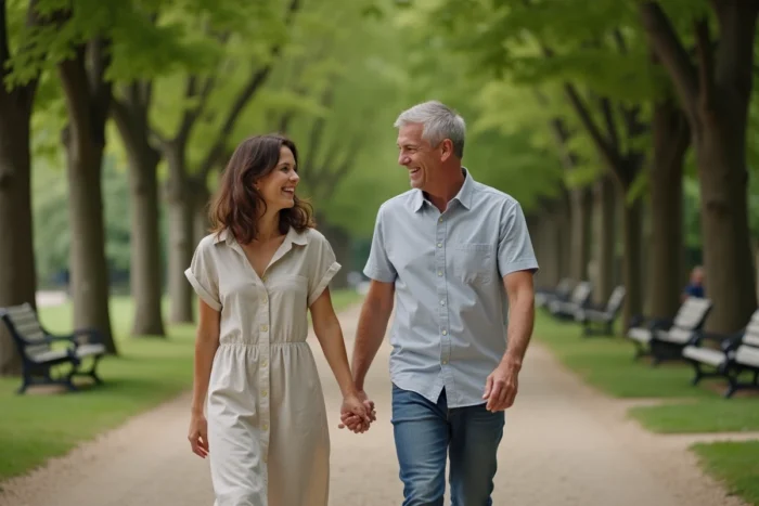 Couple se promenant dans un parc parisien, illustrant la relation amoureuse et la vie de couple d'une célébrité française