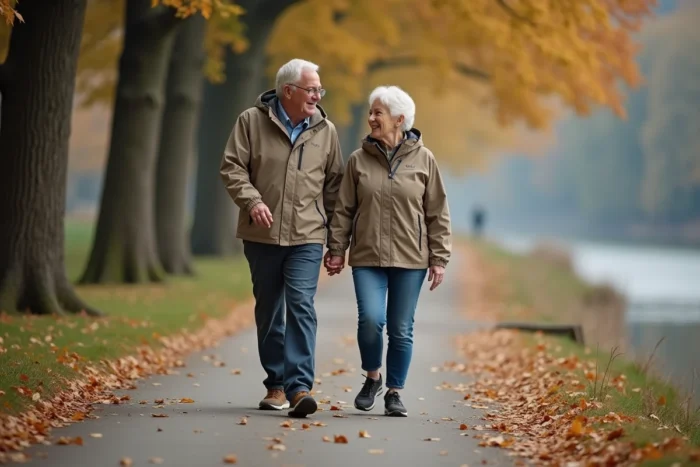 Couple de sexagénaires marchant ensemble au bord d'une rivière pour rester actifs et en bonne santé après 60 ans