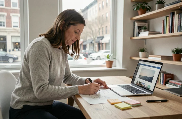 Femme professionnelle travaillant sur la conception d'un site internet avec des maquettes et un ordinateur portable dans un bureau moderne