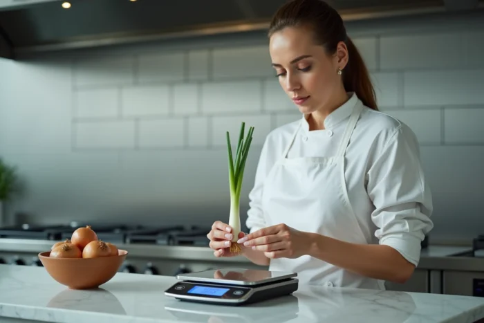 Femme cuisinière pesant un oignon nouveau frais sur une balance numérique dans une cuisine professionnelle avec des oignons secs en arrière-plan