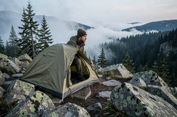 Randonneur installant une tente bivouac sur une crête montagneuse au crépuscule, entouré de forêt dense et de brouillard, illustrant les dangers de dormir en plein air